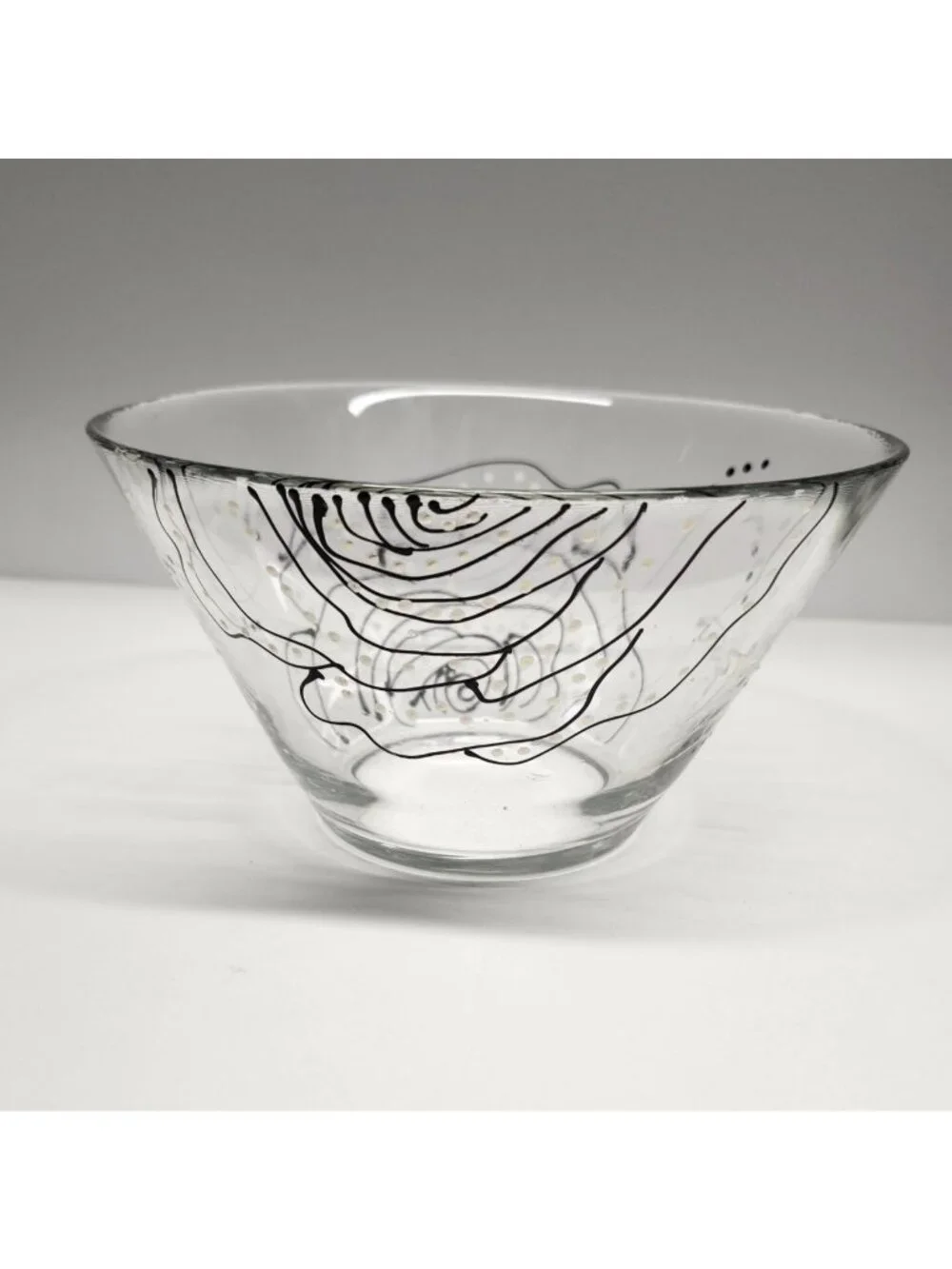 Floral Hand Painted Glass Bowl Black & White Rose